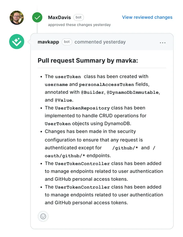 Mavka pull request summary, shown on mobile