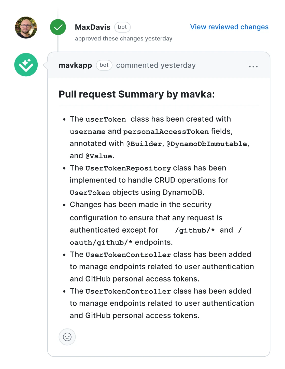 Mavka pull request summary, shown on mobile
