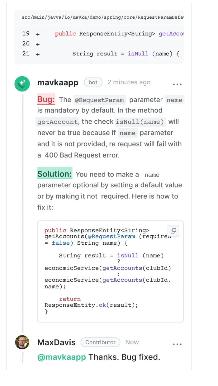 Mavka flagging a hidden bug, shown on mobile