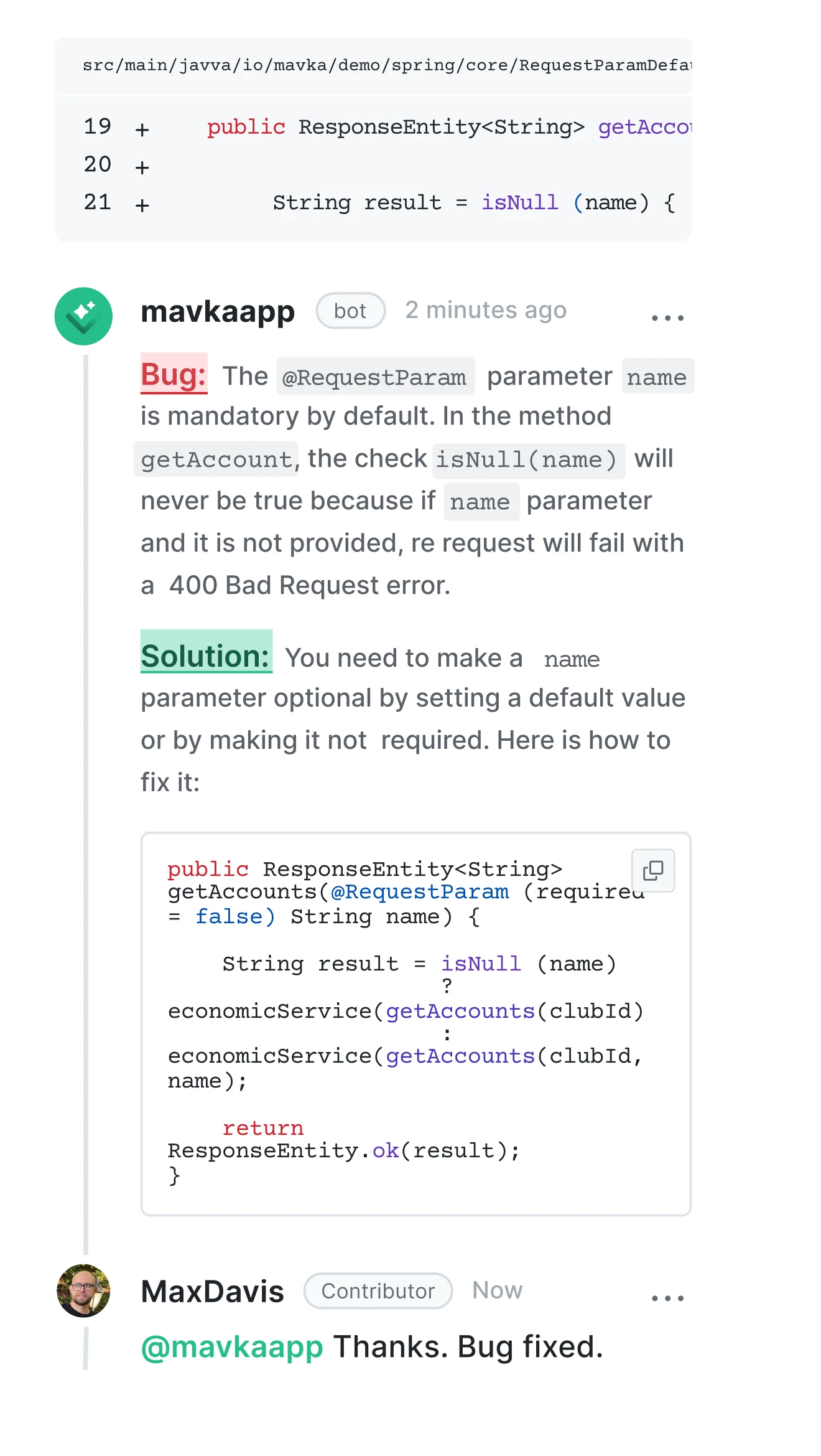Mavka flagging a hidden bug, shown on mobile